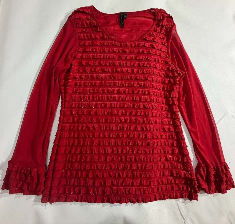 Susan Lawrence Red Ruffled Sequin Long Sleeve Top Womens L